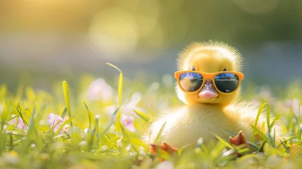Foto op Canvas  a baby duck in sunglasses on the meadow © Pter