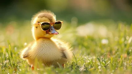 Fotobehang  a baby duck in sunglasses on the meadow © Pter
