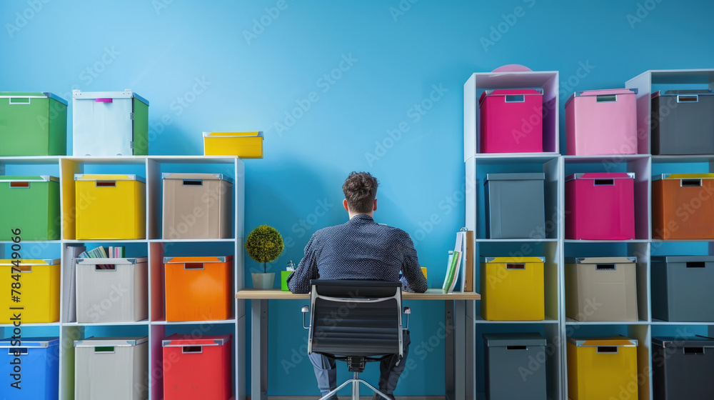 Poster a person is sitting at a desk in front of a bookcase, engrossed in reading or studying. various book