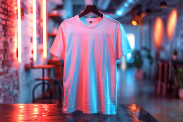 Mock up white t-shirt for logo, text or design. The T-shirt is on a hanger on background of cozy bar with neon lights