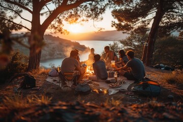 A group of friends gathers around a bonfire, enjoying a meal and sunset