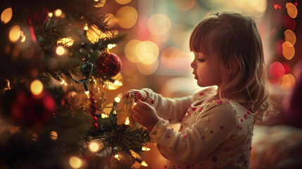Naklejka premium A young girl is cheerfully decorating a Christmas tree with colorful ornaments and twinkling lights
