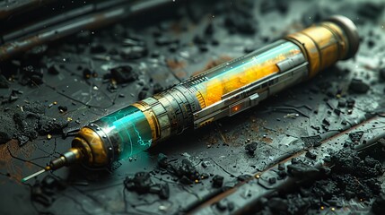 Futuristic mechanical epipen with glowing orange and blue liquid, lying on wet, dark stone surface