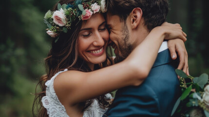 Obraz premium A bride and groom standing close and embracing each other affectionately in the midst of a dense wooded area