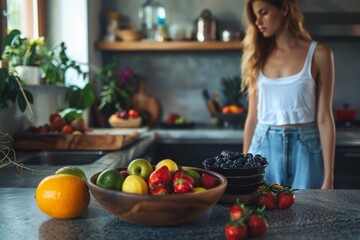 A woman stands near a table of vibrant fresh produce in a modern kitchen