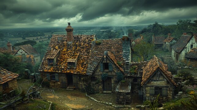 Photorealistic medieval village on a stormy day, showcasing rustic houses and moody skies