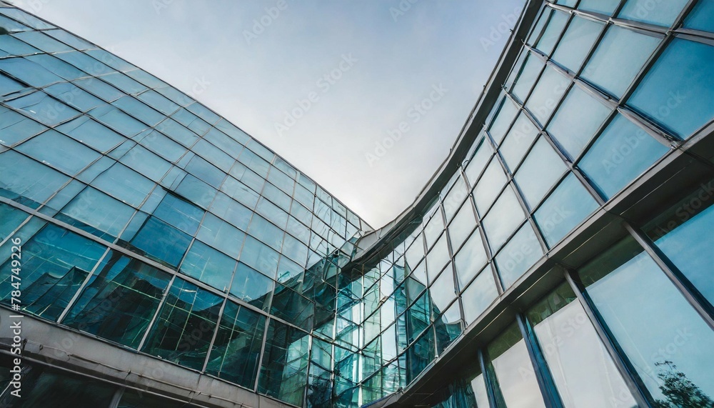 Poster low angle view of futuristic architecture, skyscraper of office building with curve glass window