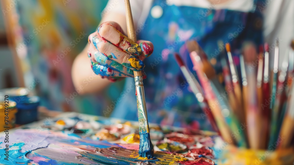 Poster an individual with a paintbrush in hand creating art on a canvas