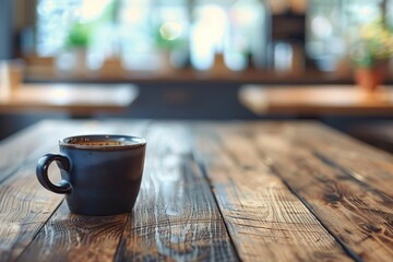 A solitary black coffee mug sitting on a rustic wooden table, capturing a moment of still life and simplicity