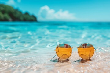 A stylish pair of sunglasses resting on the sand with the sparkling sea in the background, symbolizing leisure and summer vibes