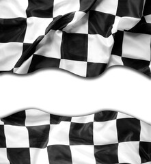 Checkered black and white racing flag on white. Copy space