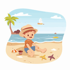 Obraz na płótnie Canvas Cute little boy sitting on the beach. Vector cartoon illustration.