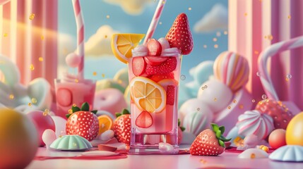 Fresh cocktail, refreshing sweet drink, juice with strawberries, orange, cream, fruit mixture - obrazy, fototapety, plakaty