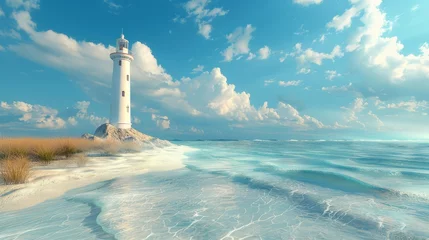 Poster Idyllic landscape with a lighthouse overseeing a turbulent beach, surrounded by majestic mountains © Yusif