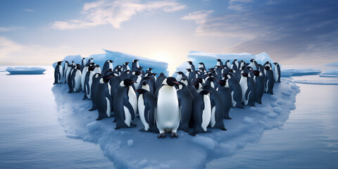 A group of penguins waddling together across icy terrain, their synchronized movements showcasing teamwork and togetherness.  - obrazy, fototapety, plakaty