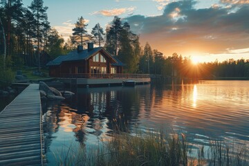 A tranquil scene with a wooden cabin by the lake at sunset, reflecting the beauty of nature and peaceful living
