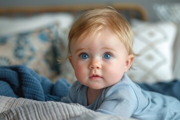 An adorable baby with deep blue eyes lies comfortably in a cozy bed, looking inquisitively at the camera
