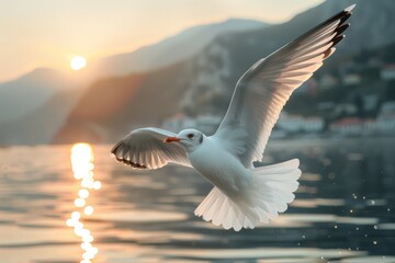 A captivating shot of a seagull in flight over water with the golden hour sunlight enhancing its...