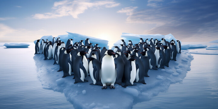 A group of penguins waddling together across icy terrain, their synchronized movements showcasing teamwork and togetherness. 