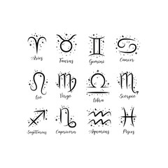 12 zodiac signs with moon, flower and stars. Celestial constellations