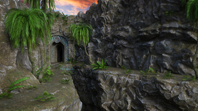 Fantasy cave entrance build into the side of a mountain. 3D rendered illustration.