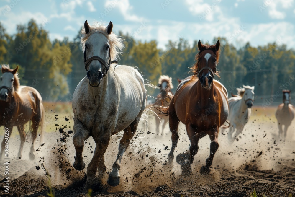 Poster a powerful and dynamic image capturing a thunderous herd of horses running through a cloud of dust o
