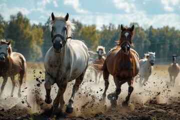 A powerful and dynamic image capturing a thunderous herd of horses running through a cloud of dust on a beautiful sunny day, conveying freedom and strength