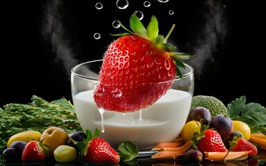 closeup of a strawberry in a glass of milk