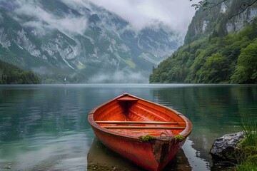 An abandoned red boat on a peaceful mountain lake surrounded by fog and lush greenery