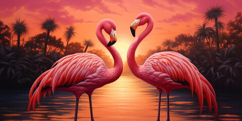  A pair of flamingos nestled together, their vibrant pink feathers contrasting against a golden sunset sky. 