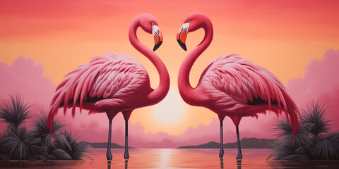  A pair of flamingos nestled together, their vibrant pink feathers contrasting against a golden sunset sky. 