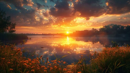 Golden sunrise over tranquil lake with wildflowers and clouds - obrazy, fototapety, plakaty