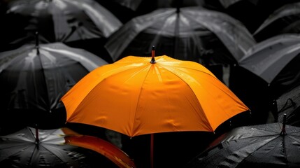 One orange umbrella between other black umbrellas group background. AI generated image
