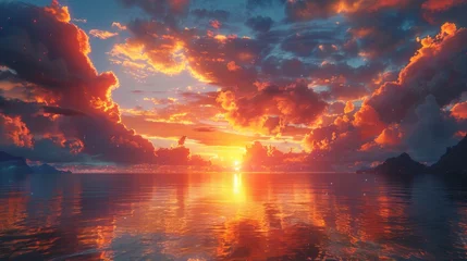 Papier Peint photo Lavable Orange Stunning sunrise over a serene lake with mist, colorful clouds and forested landscape