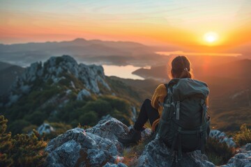 A solitary hiker is seen admiring a breathtaking sunrise atop a rugged mountain overlooking a serene lake - obrazy, fototapety, plakaty