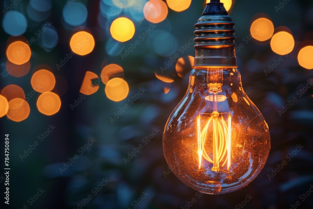 Poster a single light bulb glows intensely against a backdrop of soft bokeh lights, highlighting ideas and 