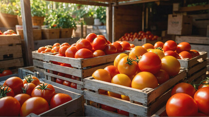 Wooden crates full with ripe tomatoes after harvest on farm. Sweet tomatoes in containers at vegetable stall