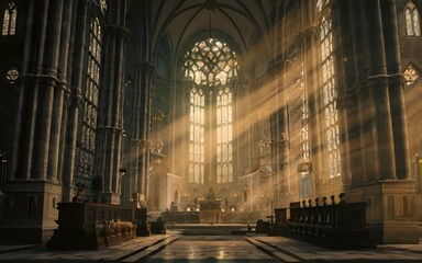 inside view of the sun shines through the windows of a cathedral - obrazy, fototapety, plakaty
