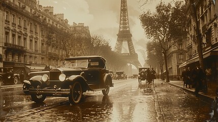 Sepia-toned view of a bustling 1920s Paris street with Eiffel Tower in the backdrop