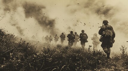 Sepia-toned image of soldiers advancing through smoke on D-day, Normandy - obrazy, fototapety, plakaty