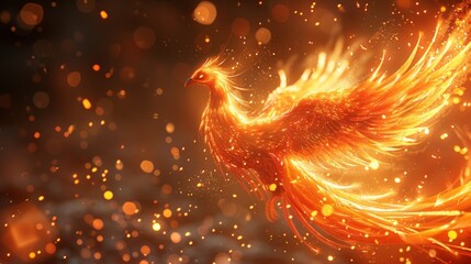 Majestic phoenix rising from the ashes in a fiery display, symbolizing rebirth and new beginnings - obrazy, fototapety, plakaty