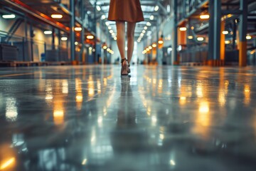 Dynamic perspective of a person walking alone through an industrial-style corridor, reflective floor