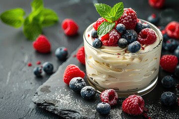 Curd dessert with cream, raspberries, and blueberries garnished with fresh mint