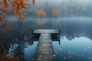 A tranquil scene with a wooden pier extending into a misty lake surrounded by autumnal trees with...