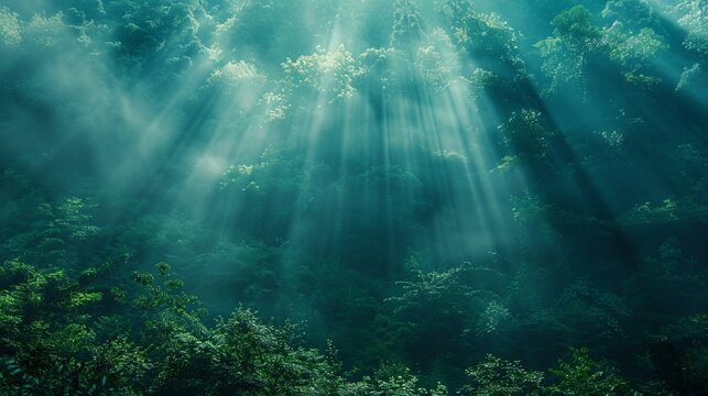 a forest filled with lots of green trees under sunlight beams in the sky above