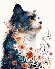 Artistic cat illustration with floral elements