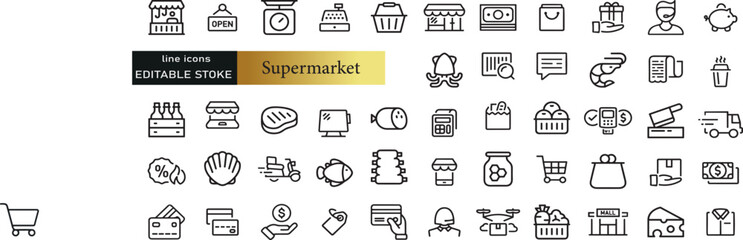 Supermarket departments and services, thin line icon set 2 of 3. Symbol collection in transparent background. Editable vector stroke. 512x512 Pixel Perfect.