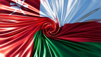 Glossy Swirling Design of Oman National Flag with Emblem and Bold Colors