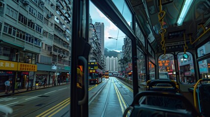 View of the city from the bus window - obrazy, fototapety, plakaty