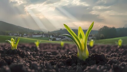 a plant growing from the soil at sunrise